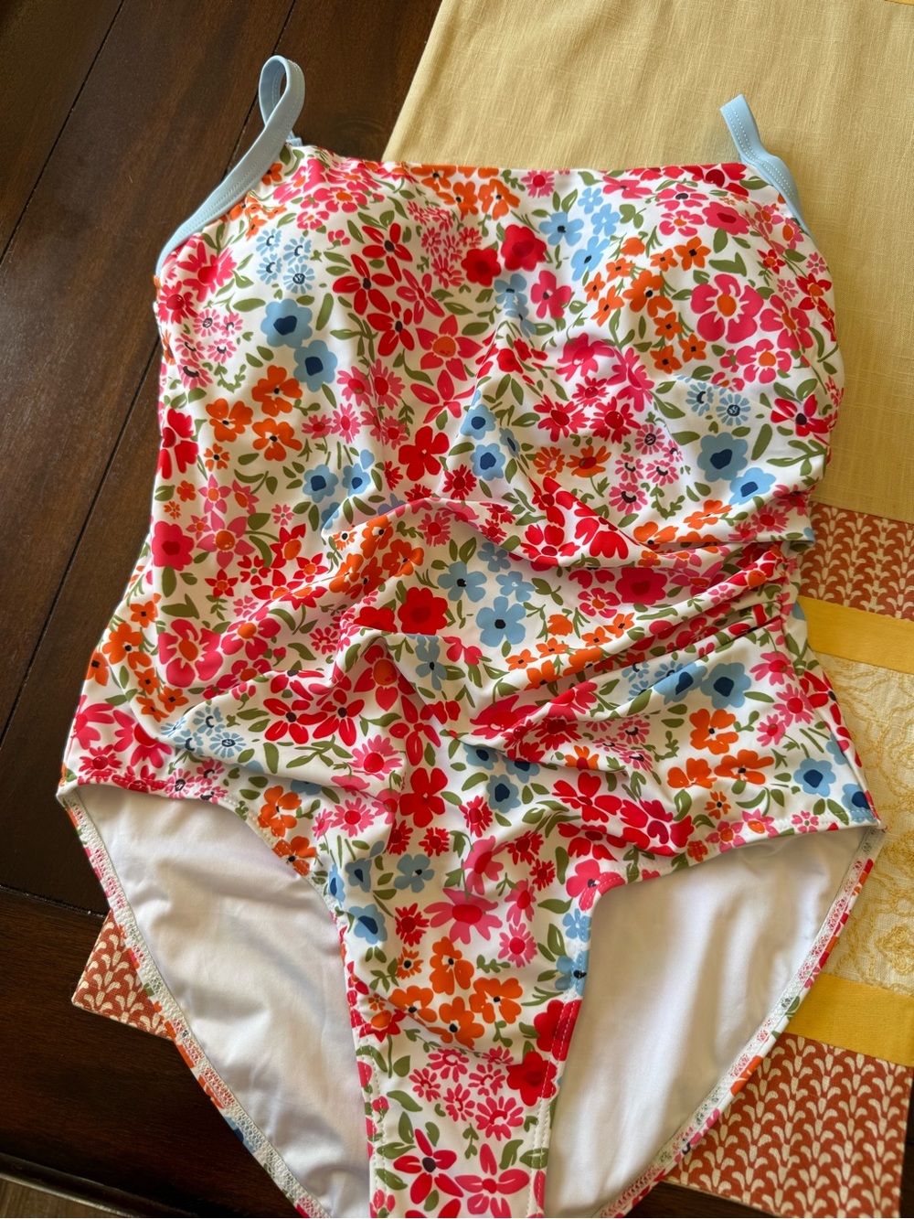 Floral One-Piece Swimsuit with Light Blue Straps